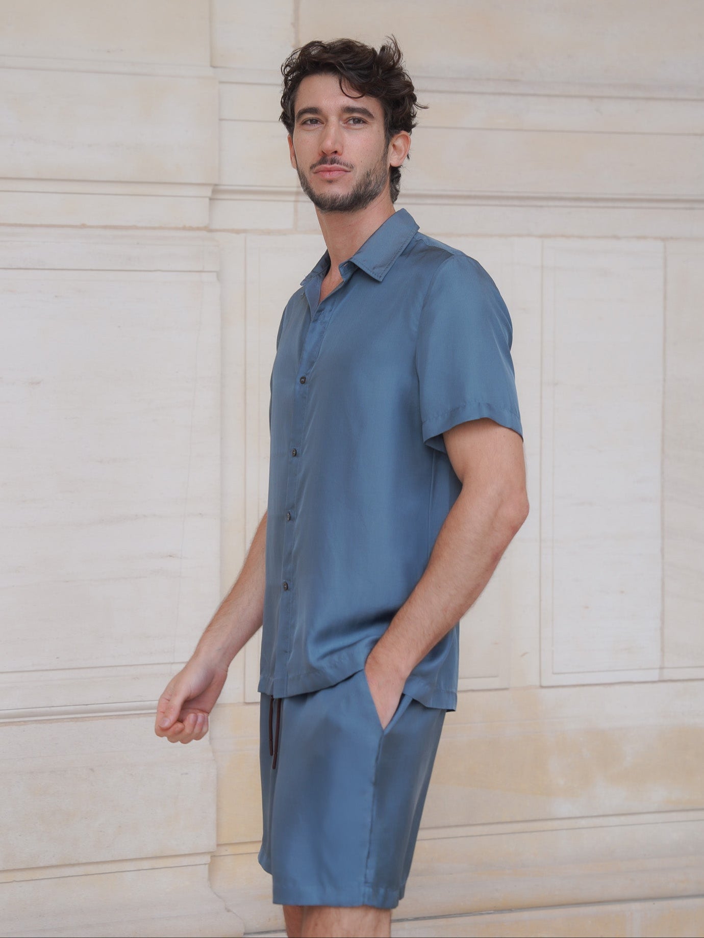 HOGG BERMUDA IN TEAL BLUE SILK TWILL