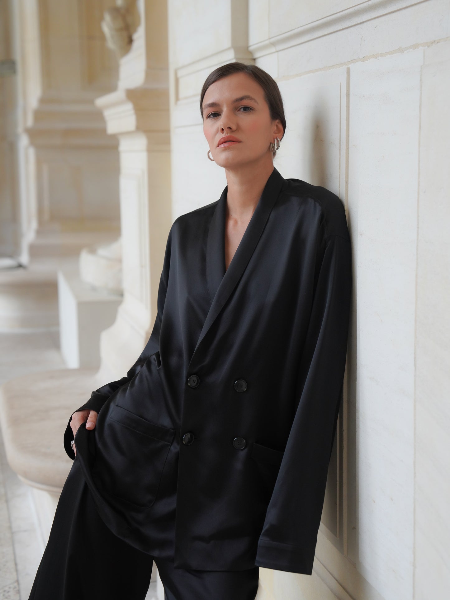ASTOR JACKET IN PURE BLACK SATIN