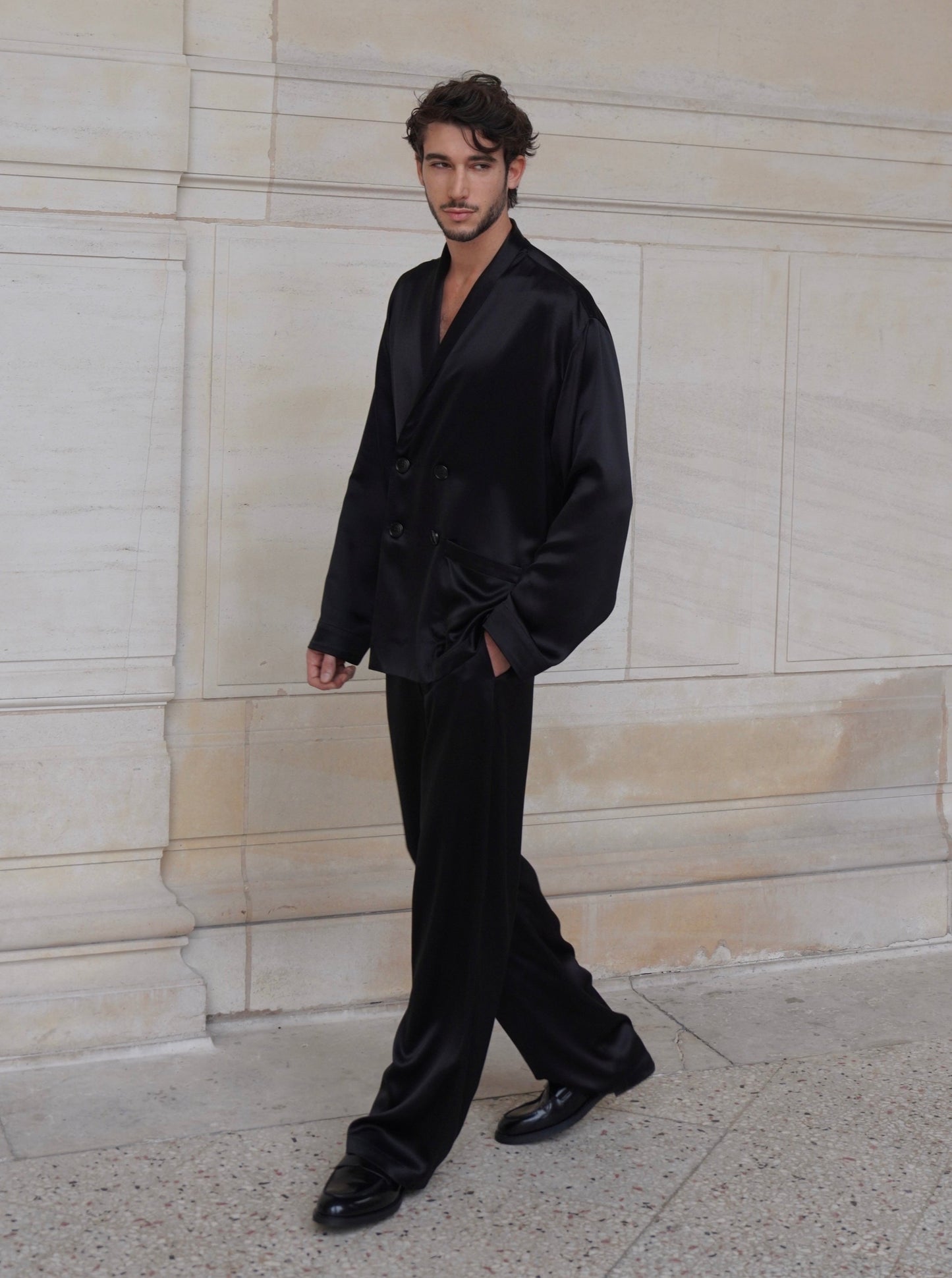 ASTOR JACKET IN PURE BLACK SATIN