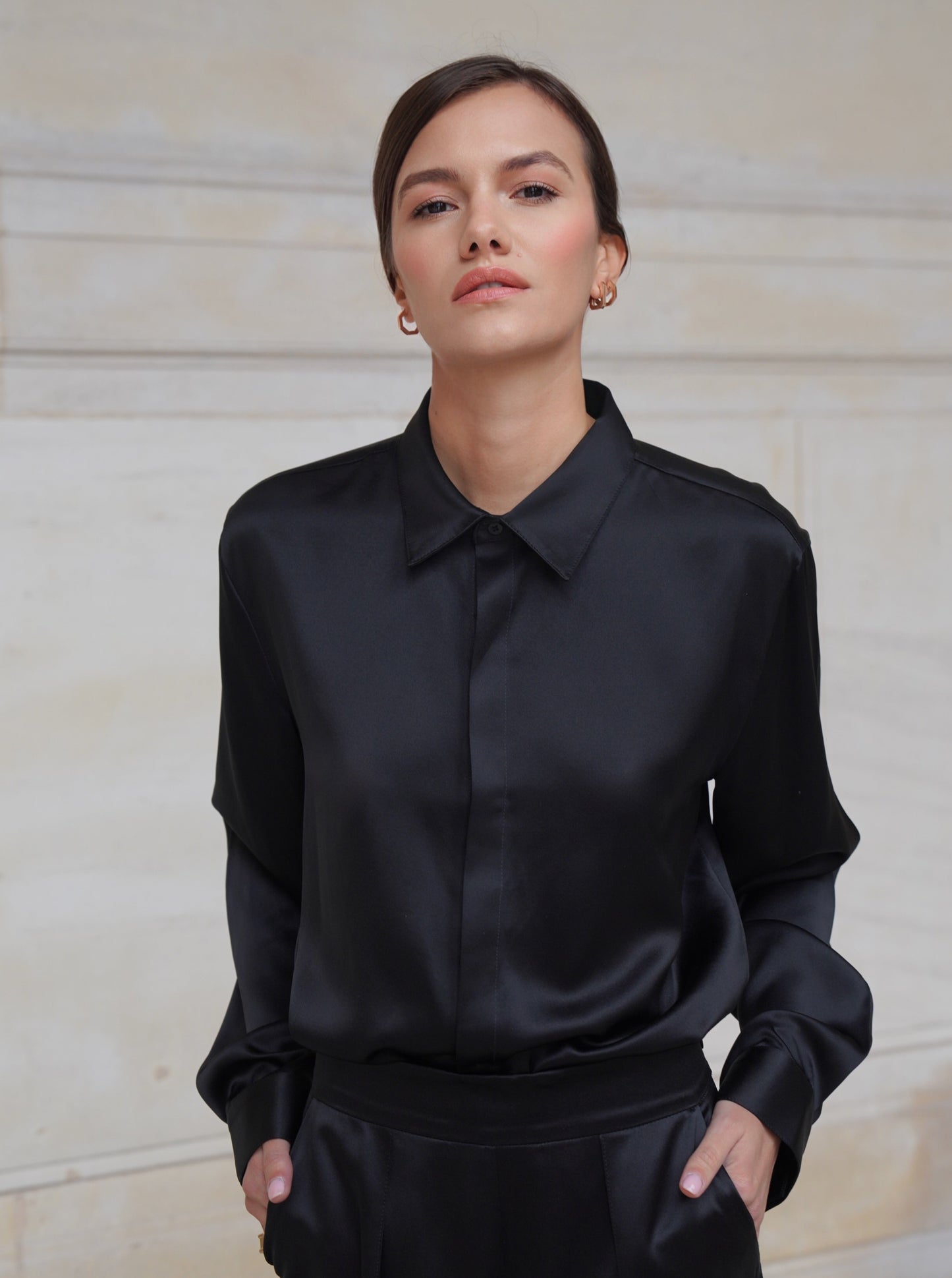 SAVOY SHIRT IN PURE BLACK SATIN