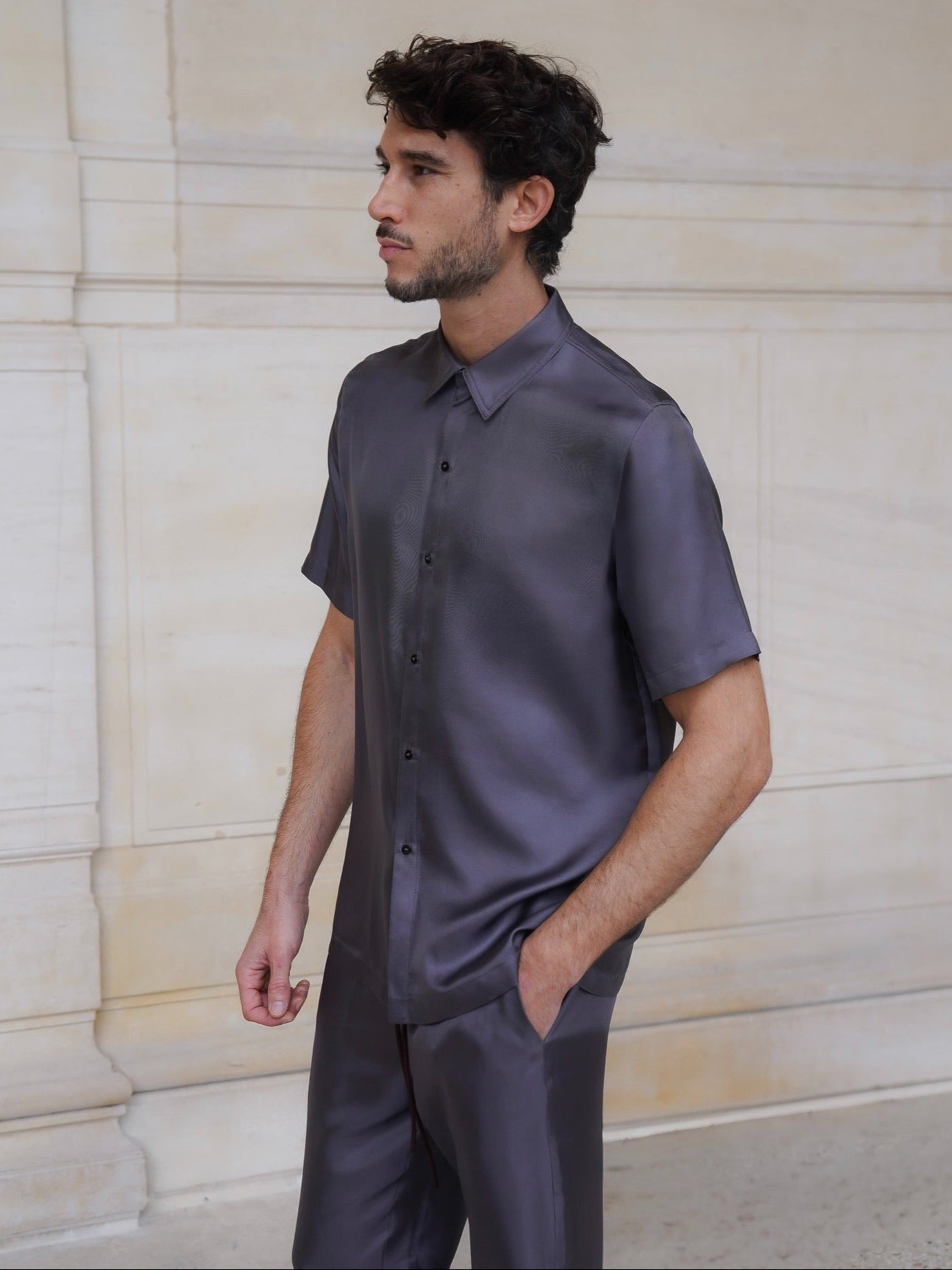 JAMES SHIRT IN ASH GRAY SILK TWILL