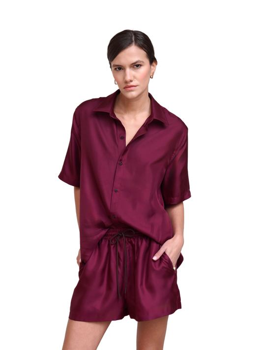 TUDOR SHORTS IN MERLOT SILK TWILL