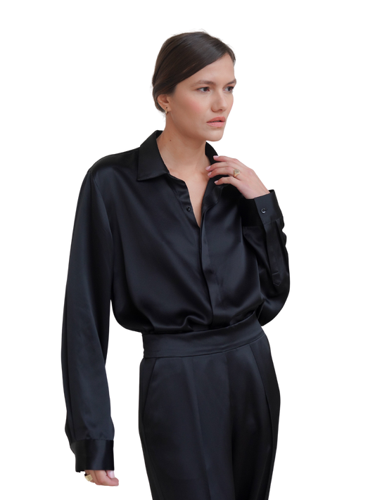 SAVOY SHIRT IN PURE BLACK SATIN