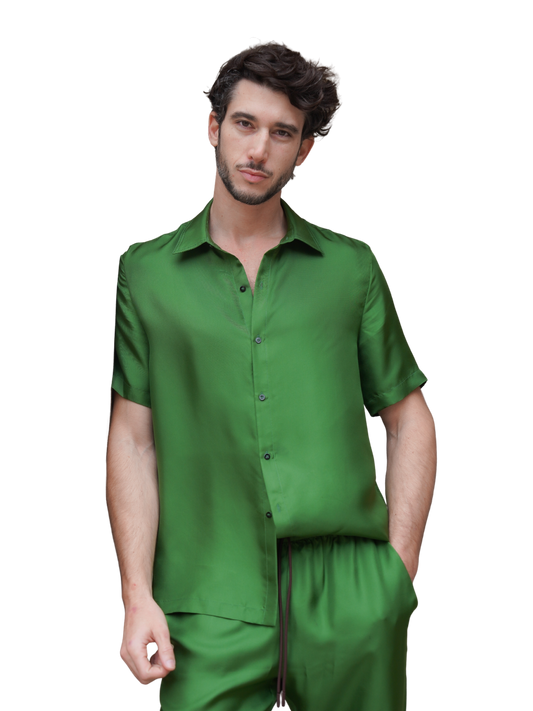 JAMES SHIRT IN GRASS GREEN SILK TWILL
