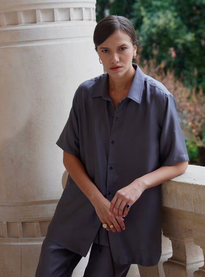 JAMES SHIRT IN ASH GRAY SILK TWILL
