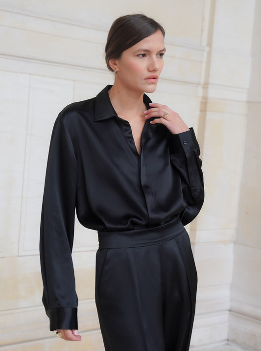 SAVOY SHIRT IN PURE BLACK SATIN