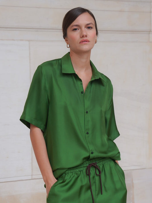 JAMES SHIRT IN GRASS GREEN SILK TWILL