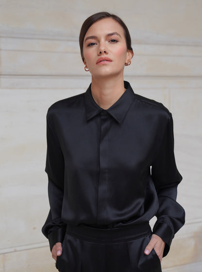 SAVOY SHIRT IN PURE BLACK SATIN