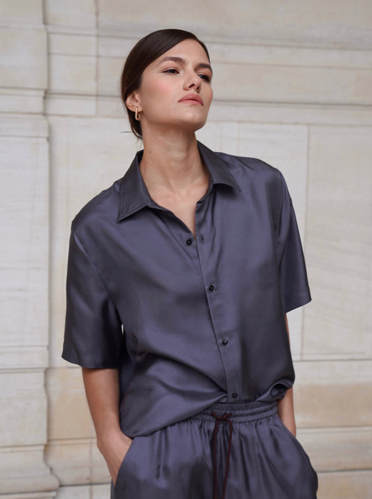 JAMES SHIRT IN ASH GRAY SILK TWILL