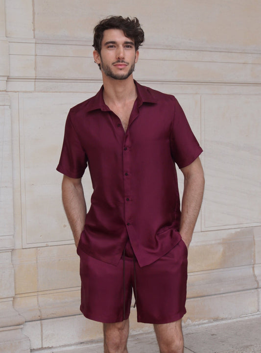 JAMES SHIRT IN MERLOT SILK TWILL