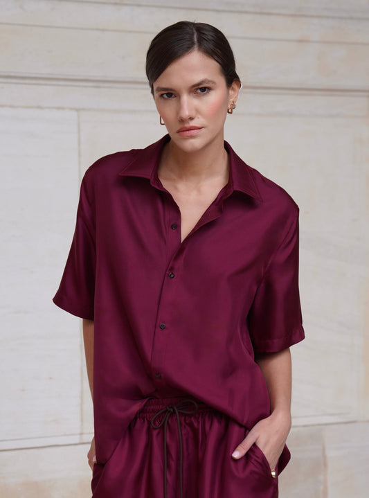 JAMES SHIRT IN MERLOT SILK TWILL